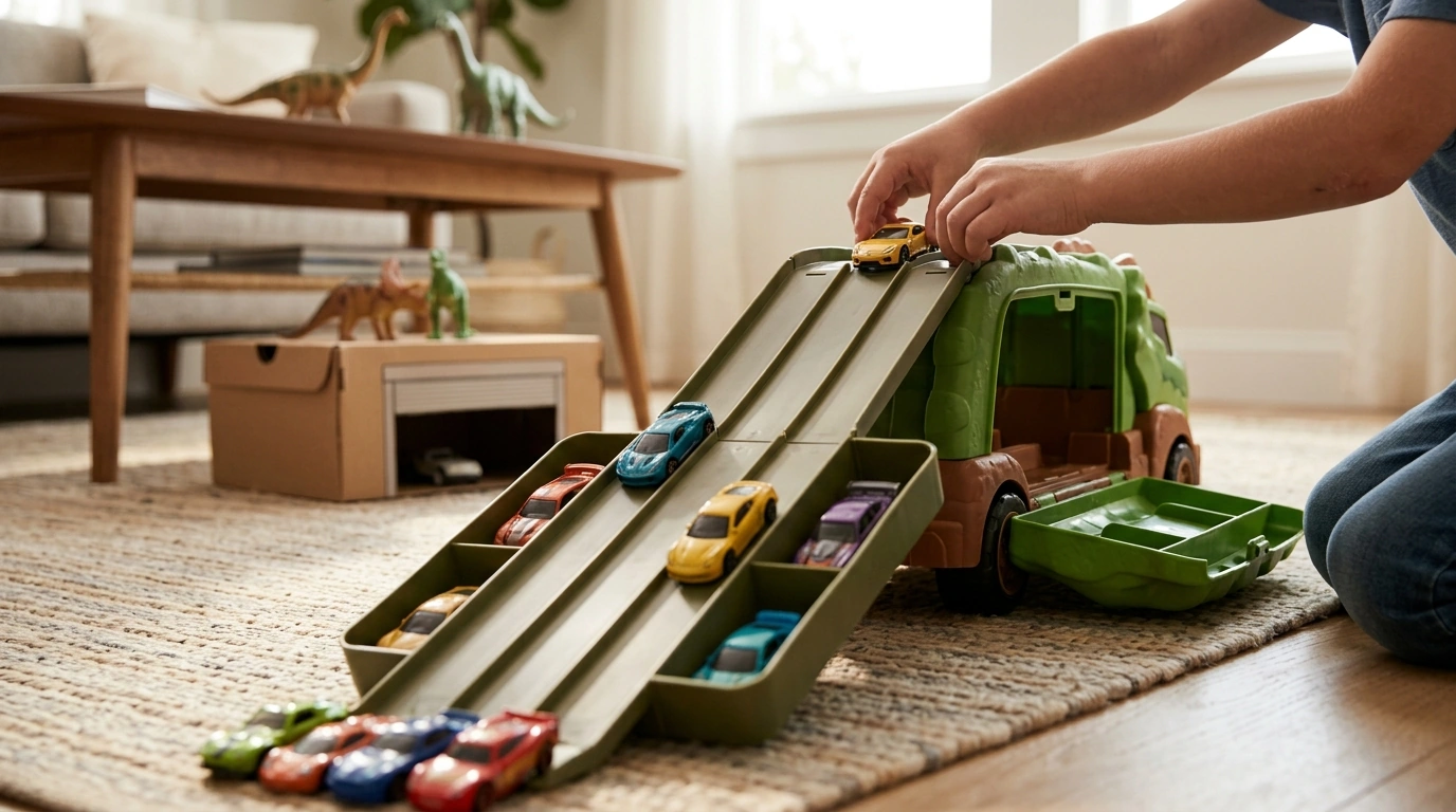 Dinosaur Truck Hauler That Folds Into a Race Track